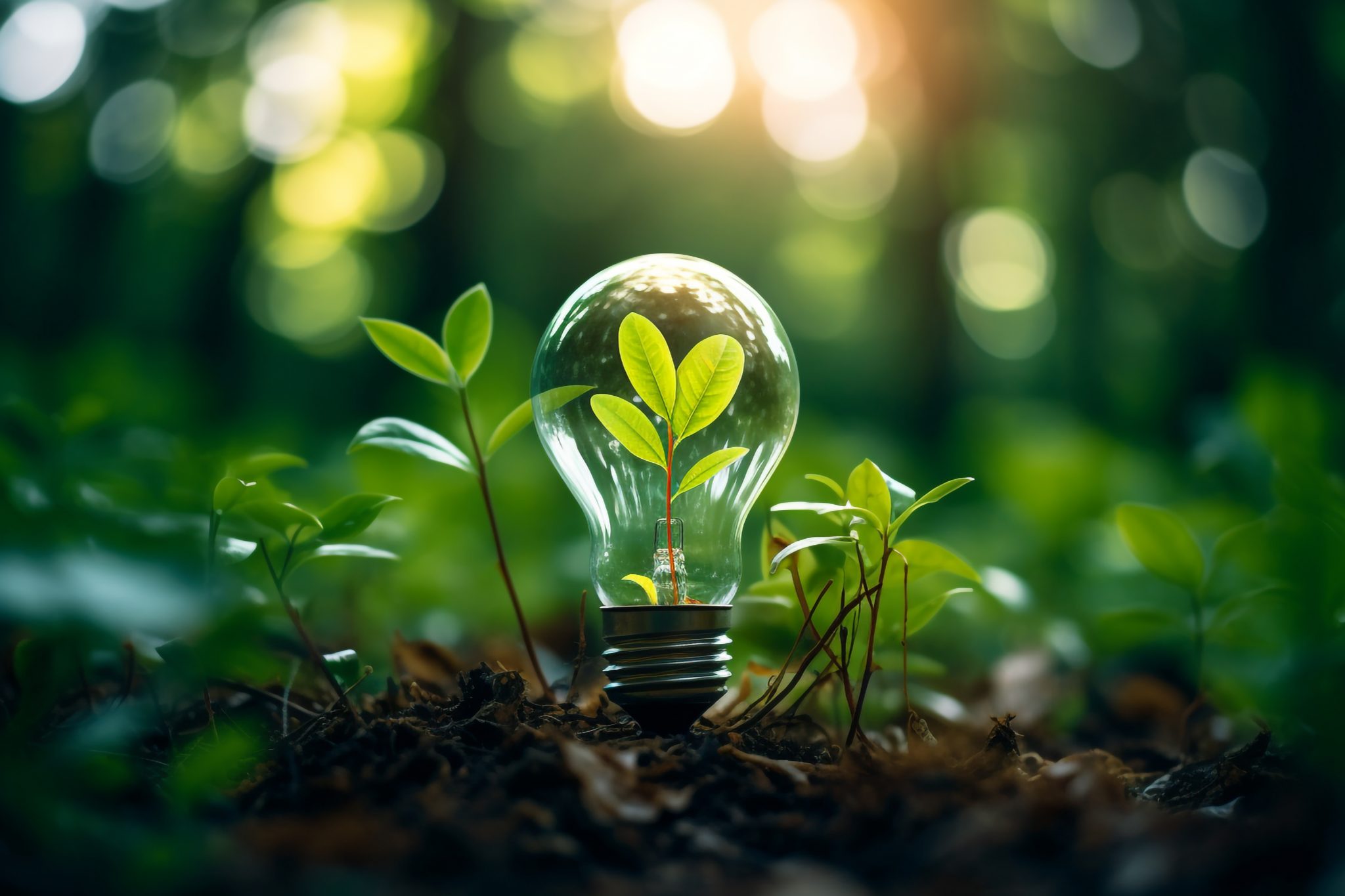 Plants growing from a light bulb representing sustainable energy